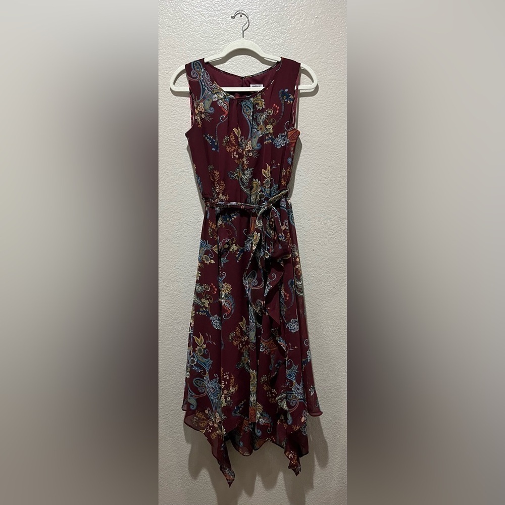 Westport sz 6 Handkerchief dress Burgundy Floral Sleeveless Belted Whimsigoth